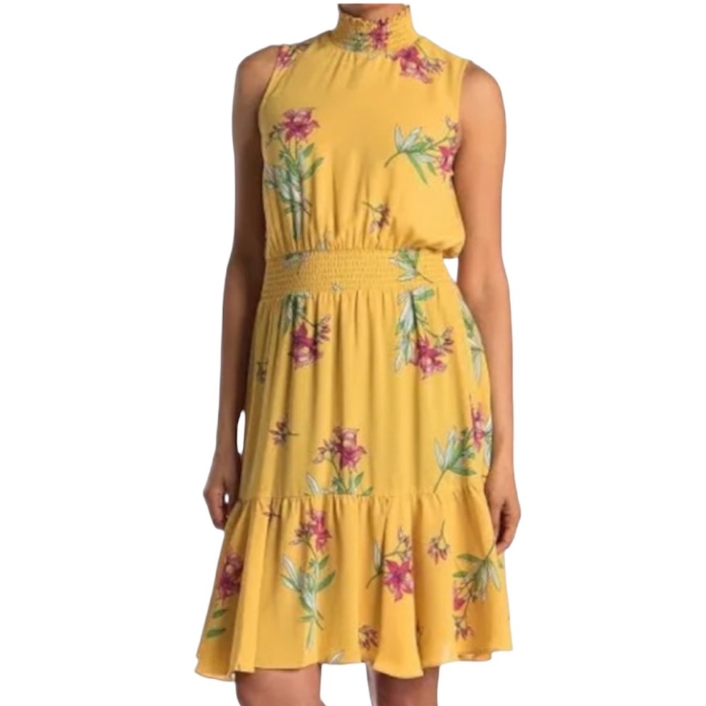 NANETTE LEPORE Yellow Floral Smocked Mock Neck Sleeveless Midi Dress size 8